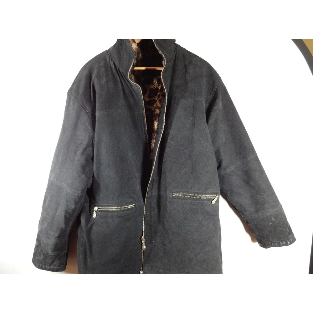 VTG Basic Editions Faux Fur Coat XL/2XL Brown‎ Leopard Print Y2K Zip Up Reverse